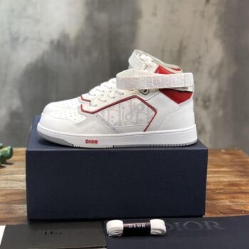 B27 HIGH-TOP WHITE AND RED SMOOTH CALFSKIN WITH WHITE DIOR OBLIQUE GALAXY LEATHER SNEAKER - CDO013
