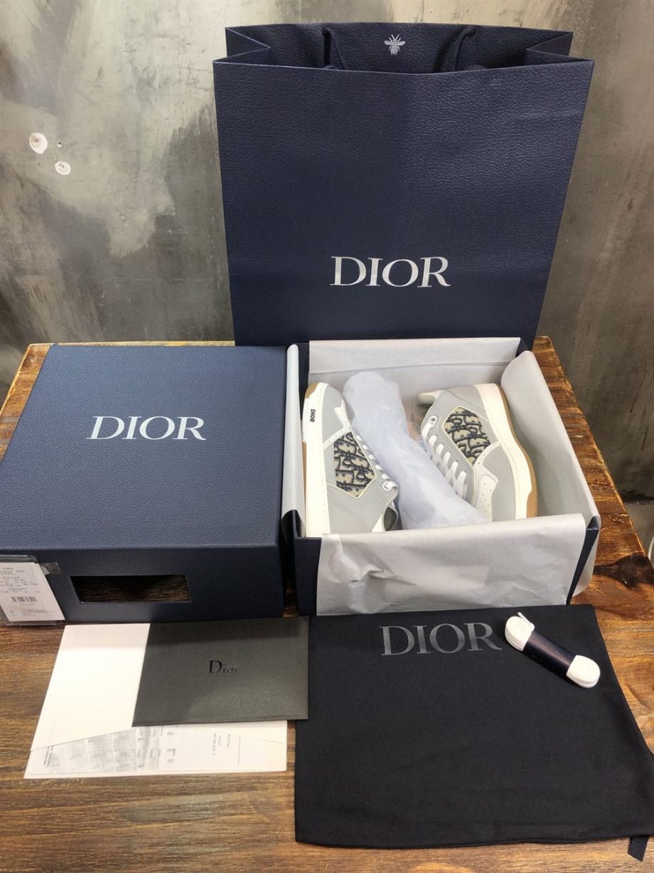 B27 LOW-TOP GRAY AND WHITE SMOOTH CALFSKIN WITH BEIGE AND BLACK DIOR OBLIQUE JACQUARD SNEAKER - CDO020