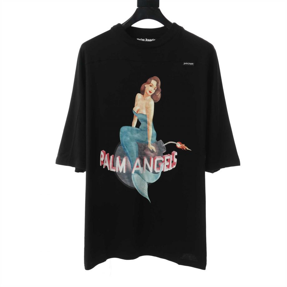 Palm Angels Cotton Embroidered Mermaid Double Layered T-Shirt With Print - PMA026