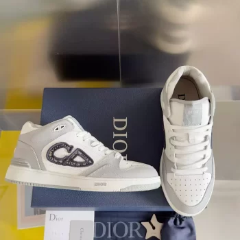 B57 Mid-Top Sneaker Gray and White Smooth Calfskin with Beige and Black Dior Oblique Jacquard - CDO109