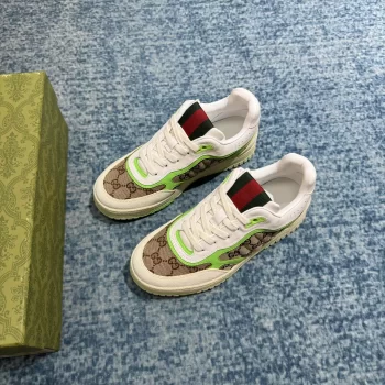 Gucci Re-Web Sneaker Beige And Ebony Original GG Canvas Fluorescent Green Leather - GCC205