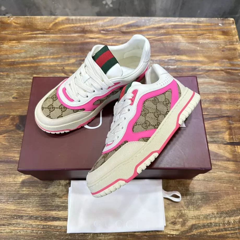 Gucci Re-Web Sneaker Beige And Ebony Original GG Canvas Pink Leather - GCC208