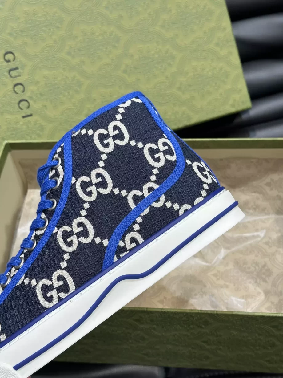 Gucci Tennis 1977 High-Top Trainer GG Recycled Polyester Beige and Blue