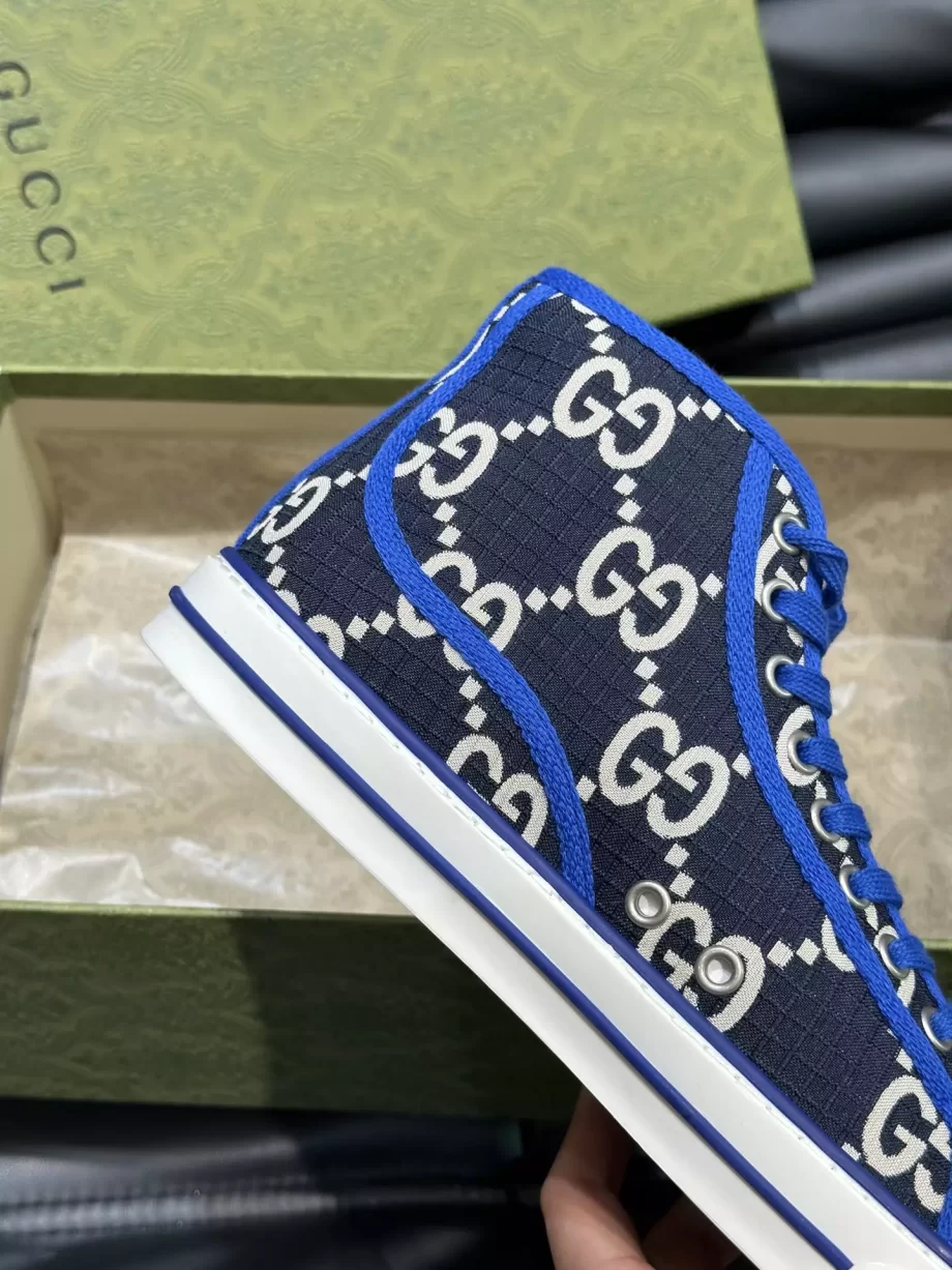 Gucci Tennis 1977 High-Top Trainer GG Recycled Polyester Beige and Blue